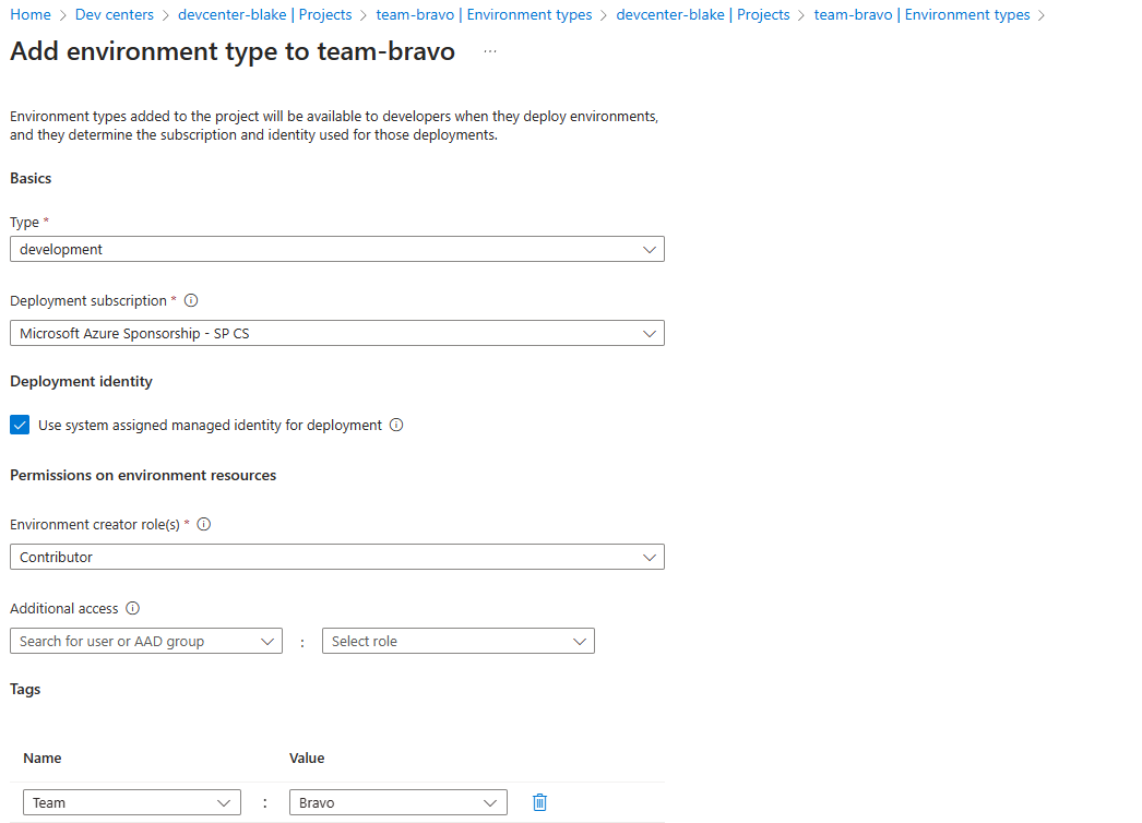 Create Project Environment Type