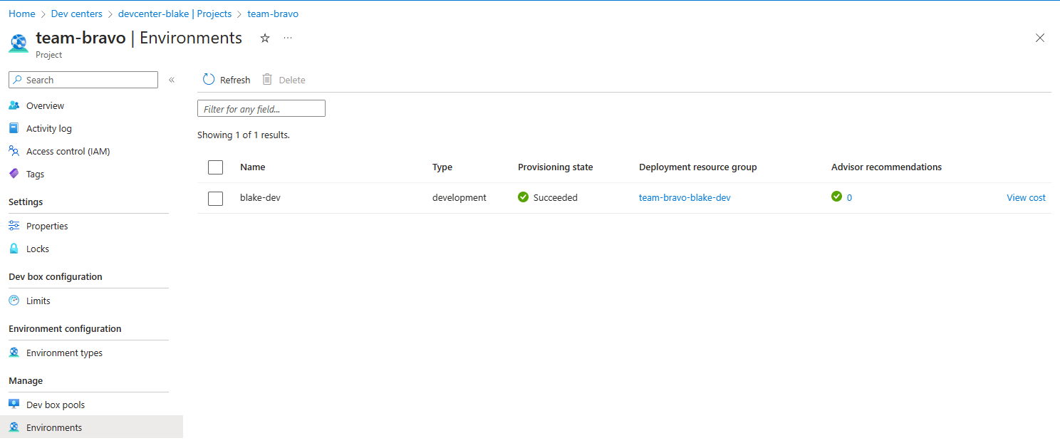 Azure Portal showing list of deployment environments